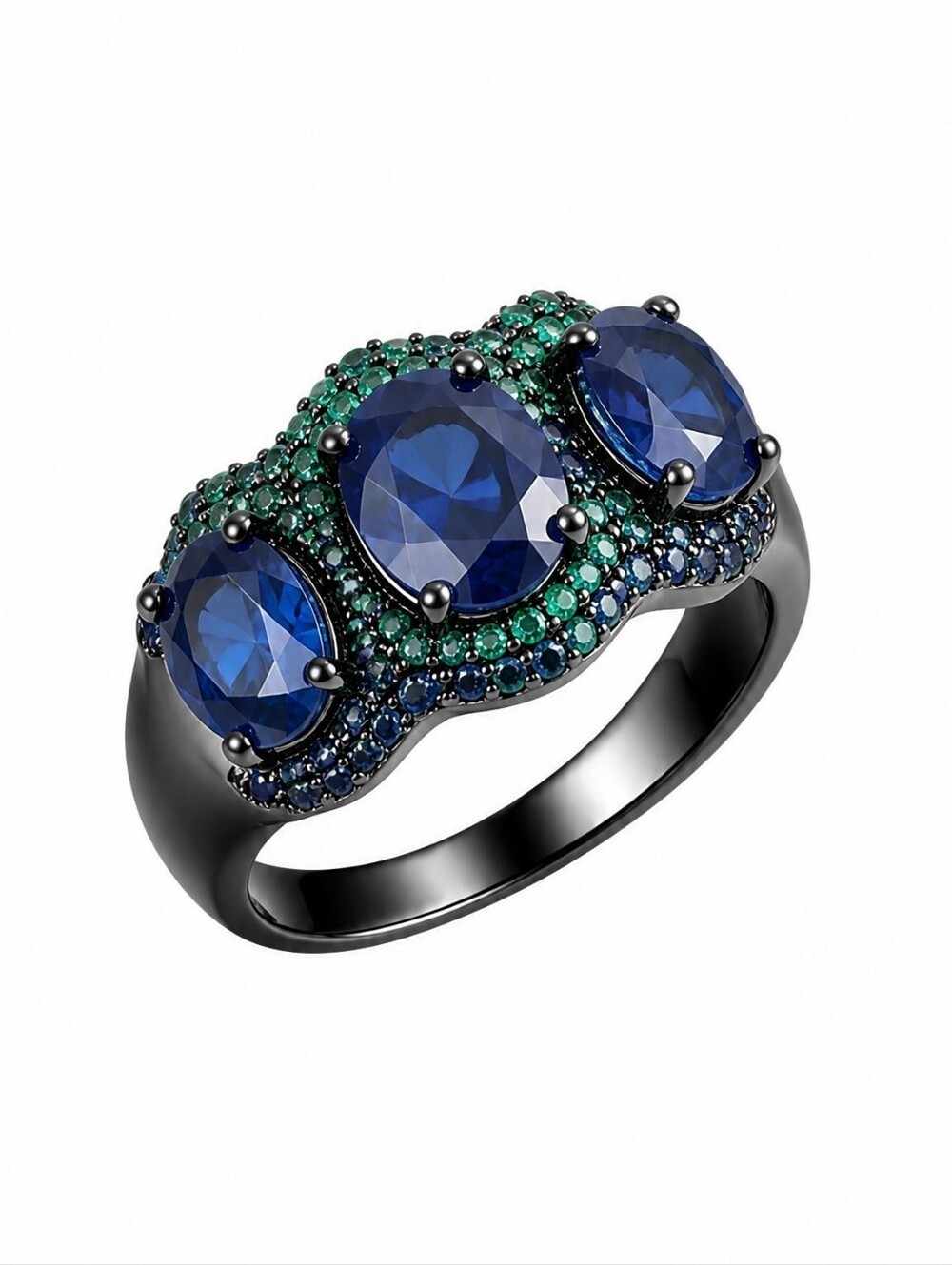 Sassified BOUTIQUE NWT Blue Triple Oval Gemstone Ring with Green Accent Stones